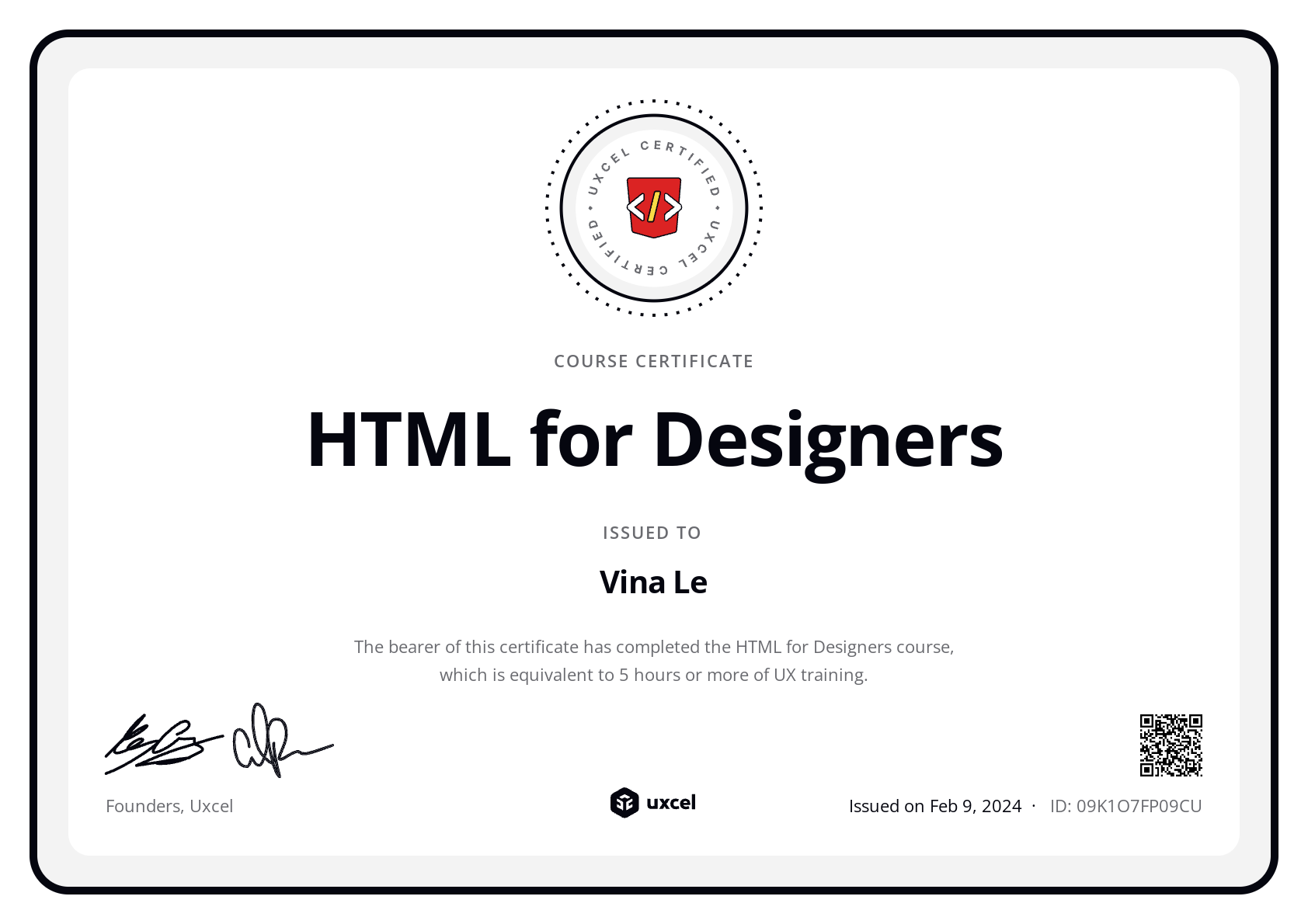 Vina Le's certificate